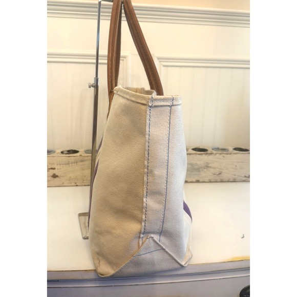 Vintage 80's LL Bean Factory Store Boat & Tote Leather Handle Bag Striped Purple - Picture 3 of 13